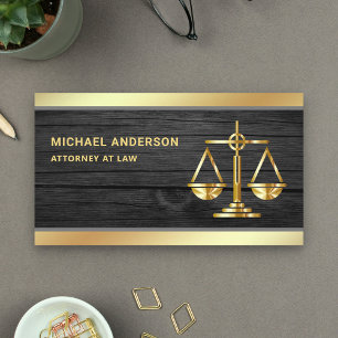 Dark Grey Wood Gold Justice Scale Lawyer Attorney Business Card