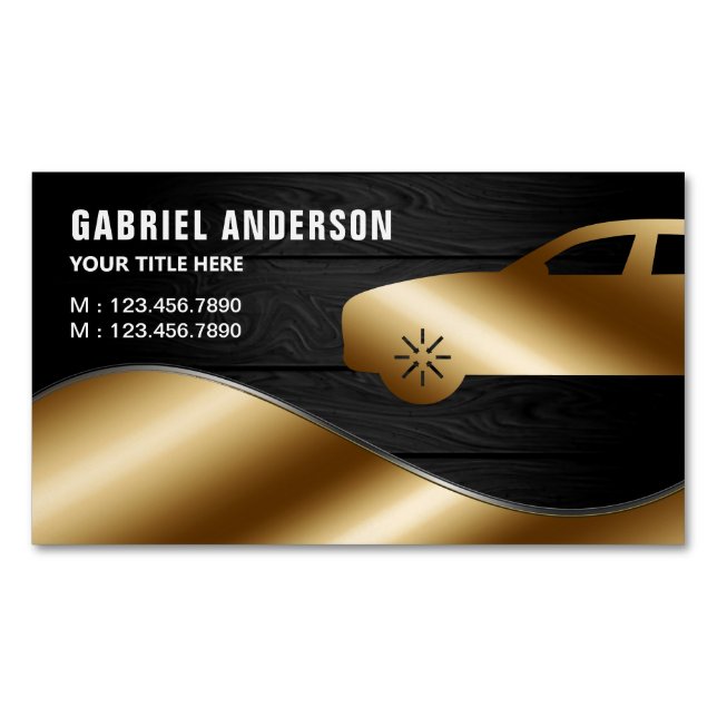 Dark Grey Wood Gold Luxury Car Hire Chauffeur Magnetic Business Card (Front)