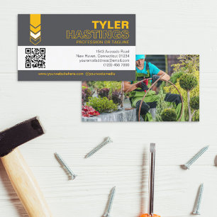 Dark Grey Yellow Arrows QR Code Photo Template Business Card