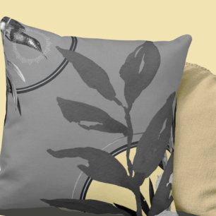 Dark Grey & Yellow Watercolor Leaves Hummingbird Throw Pillow