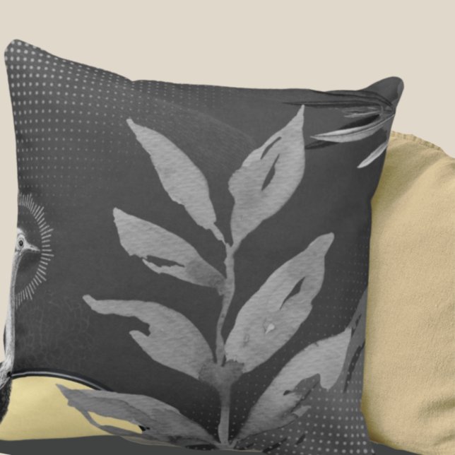 Dark Grey & Yellow Watercolor Leaves Ostrich Throw Pillow (Creator Uploaded)