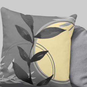 Dark Grey & Yellow Zen Watercolor Leaves Throw Pillow