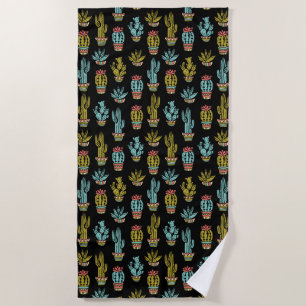 Dark Grunge Cactus Pattern Beach Towel