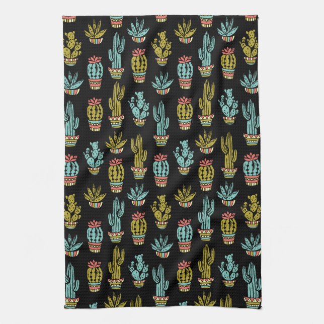 Dark Grunge Cactus Pattern Kitchen Towel (Vertical)