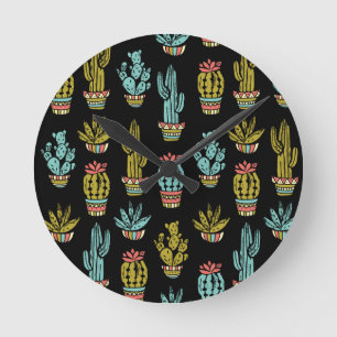 Dark Grunge Cactus Pattern Round Clock