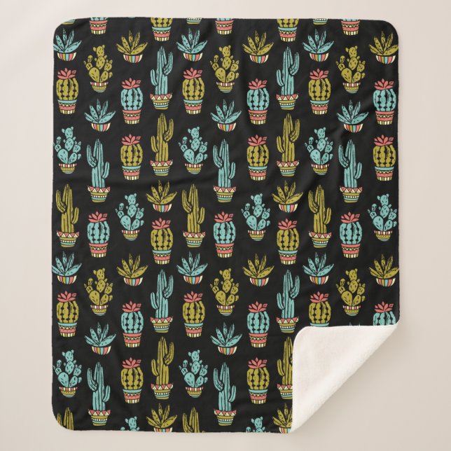 Dark Grunge Cactus Pattern Sherpa Blanket (Front)