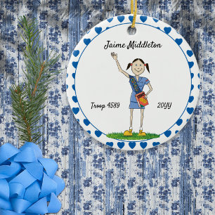 Dark Hair Cadette Girl Scouting Blue Heart Shape Ceramic Ornament