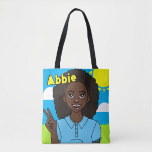 Dark Hair Cartoon Girl School Student Name Library Tote Bag