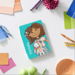 Dark hair girl cuddling white rabbit aqua peach  iPad mini cover<br><div class="desc">Cute modern graphic girls ipad cover. Dark brown hair girl clutching her lucky white bunny in peach and grey on teal aqua background. Personalize with your own name currently reads Daniella. Original graphic design by Sarah Trett for www.mylittleeden.com</div>
