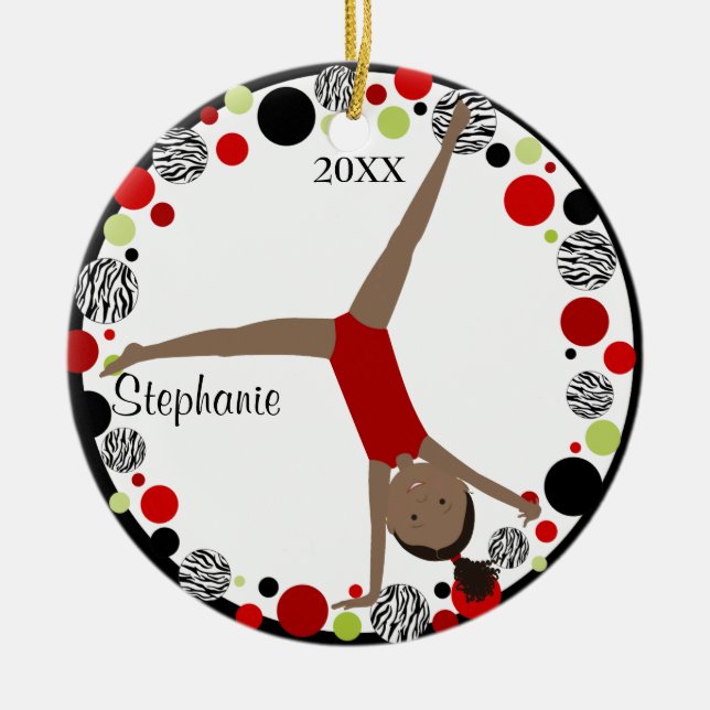 Dark Hair Gymnast Red, Black & Green Personalized Ceramic Ornament (Front)
