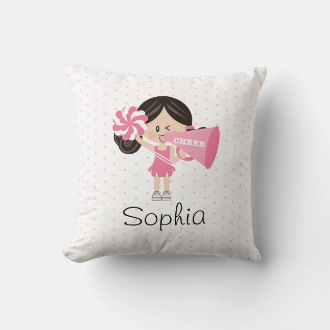 Dark Hair Light Skin Pink Cheerleading Cheer Throw Pillow (Front)