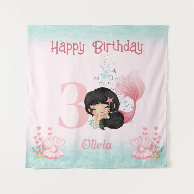 Dark Hair Mermaid Birthday Pink Banner  Tapestry (Front)