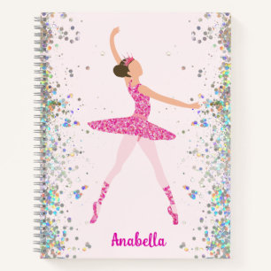 Dark Hair Pink Glitter Dress Ballerina Pink Crown Notebook