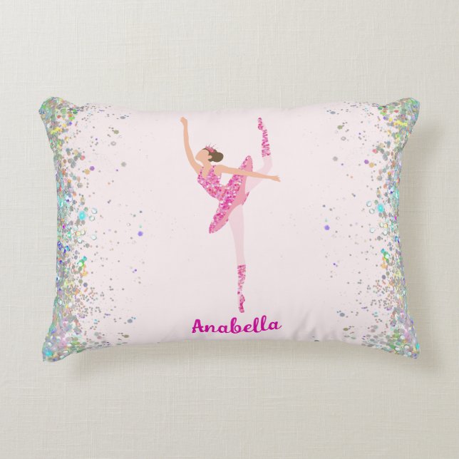 Dark Hair Pink Glitter Dress Pirouette Ballerina Accent Pillow (Front)