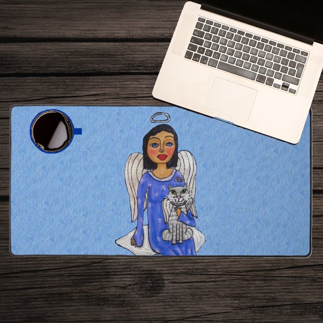Dark Haired Angel with Angel Cat on Cloud Blue Sky Desk Mat (Dark haired angel in blue dress holding white angel cat sitting on cloud on sky blue desk mat.)
