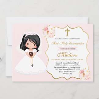 Dark-haired Girl First Holy Communion Invitation