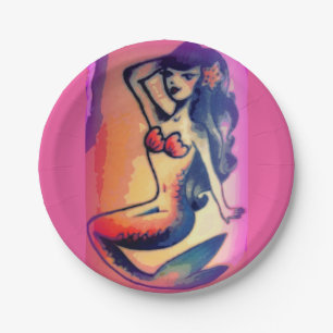dark-haired mermaid beauty pink paper plate