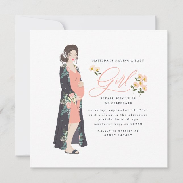 Dark haired mom to be of a girl baby shower invite (Front)