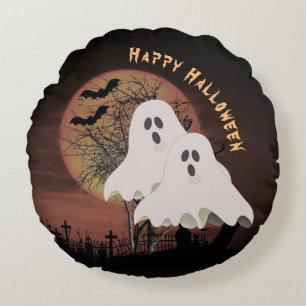 Dark Halloween Cemetery and Ghosts Halloween Round Pillow