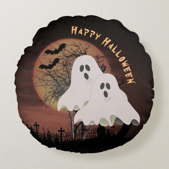 Dark Halloween Cemetery and Ghosts Halloween Round Pillow (Front)
