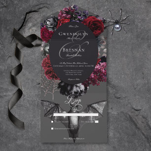 Dark Halloween Glam Floral Grey No Dinner All In One Invitation