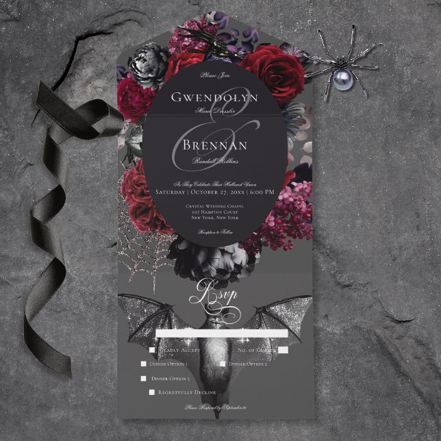 Dark Halloween Glam Floral Grey Wedding Dinner All In One Invitation (Dark Halloween Glam Floral Gray Wedding Dinner All In One Invitation)
