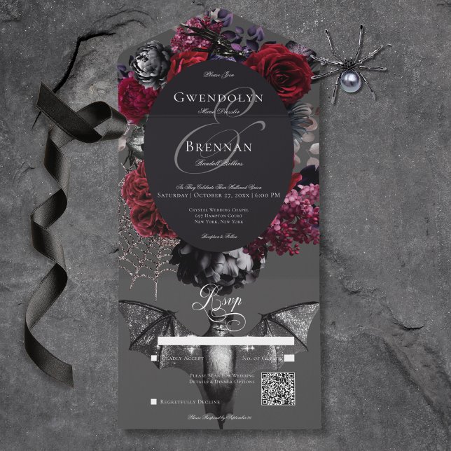 Dark Halloween Glam Floral Grey Wedding QR Code All In One Invitation (Dark Halloween Glam Floral Gray Wedding QR Code All In One Invitation)