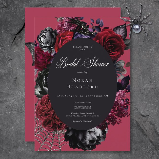 Dark Halloween Glam Floral Red Bridal Shower Invitation (Dark Halloween Glam Floral Red Bridal Shower Invitation)