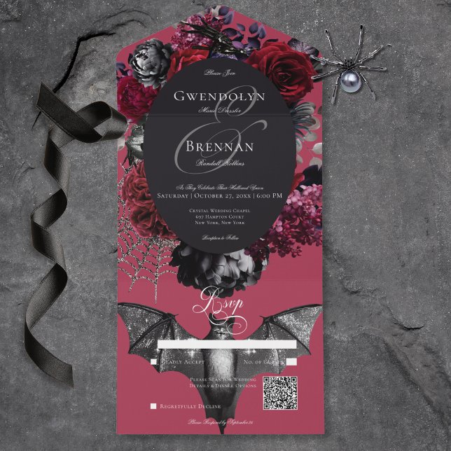 Dark Halloween Glam Floral Red Wedding QR Code All In One Invitation (Dark Halloween Glam Floral Red Wedding QR Code All In One Invitation)