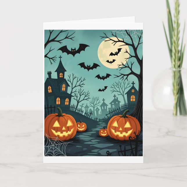 Dark Halloween Landscape with Bats & Spider Web Card (Front)
