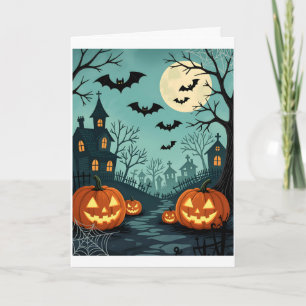 Dark Halloween Landscape with Bats & Spider Web Card