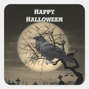 Dark Halloween Raven in Tree  Square Sticker