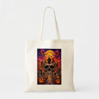 Dark Halloween Skull & Haunted Castle Design Tote Bag
