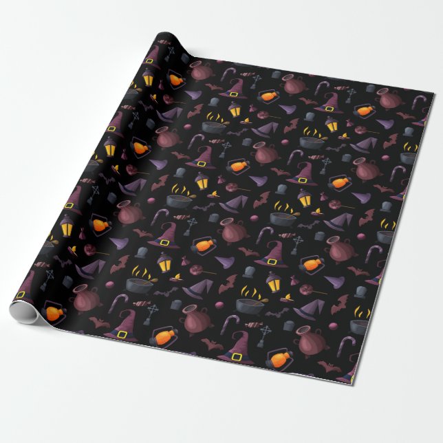 Dark Halloween Witch Hat Gift Wrapping Paper (Unrolled)
