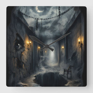 Dark Haunted fantasy Corridor with Moonlit Sky Square Wall Clock