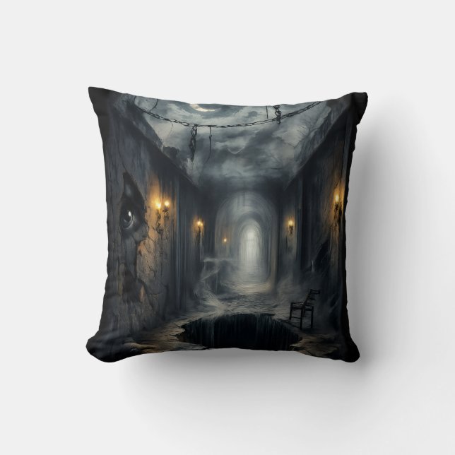 Dark Haunted fantasy Corridor with Moonlit Sky  Throw Pillow (Front)