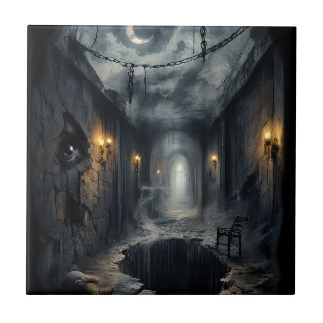 Dark Haunted fantasy Corridor with Moonlit Sky  Tile (Front)