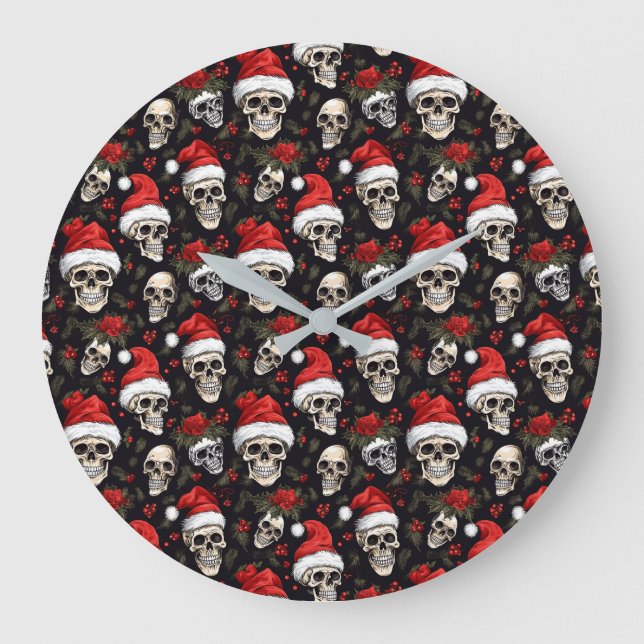 Dark Holiday Decor Gothic Christmas Santa Skull  Large Clock (Front)