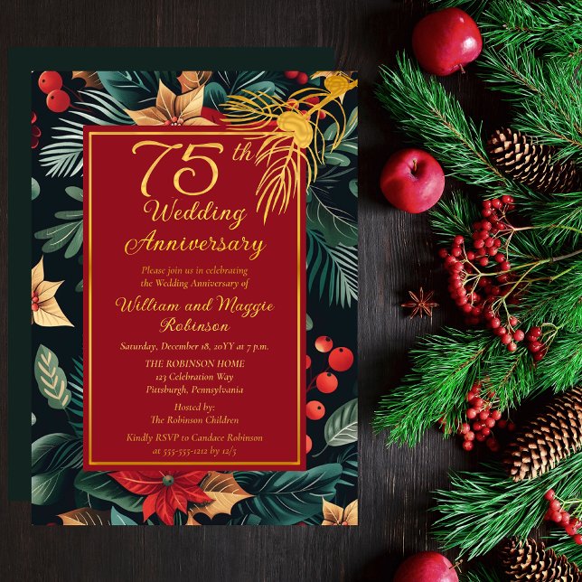 Dark Holiday Floral 75th Wedding Anniversary Party (Dark Floral Winter | Christmas Holiday 75th Wedding Anniversary Party Gold Foil Invitation)