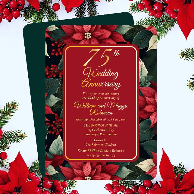 Dark Holiday Floral 75th Wedding Anniversary Party (Elegant Dark and Moody Christmas Poinsettia Holiday Floral 75th Wedding Anniversary Foil Invitation)