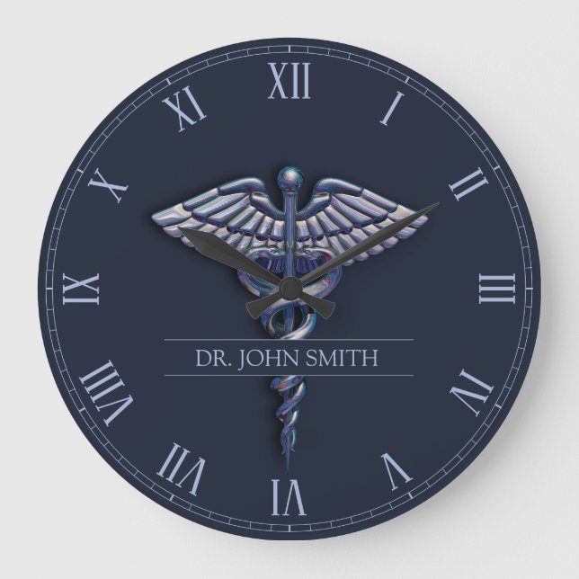Dark Holographic 3D Medical Caduceus Chrome Name Large Clock (Front)