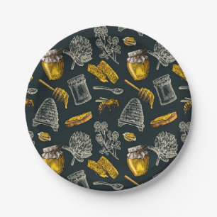 Dark Honey Bee Beehive Vintage Natural Rustic Paper Plate