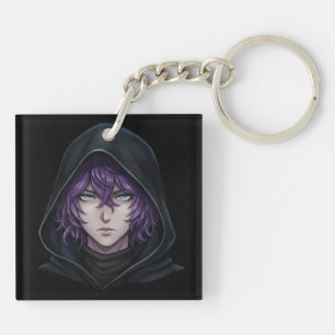 Dark Hoodie Anime Boy with Purple Hair Keychain