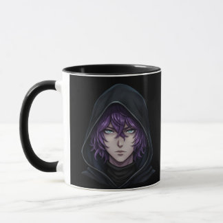 Dark Hoodie Anime Boy with Purple Hair Mug
