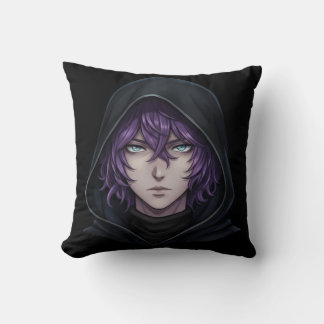 Dark Hoodie Anime Boy with Purple Hair Throw Pillow