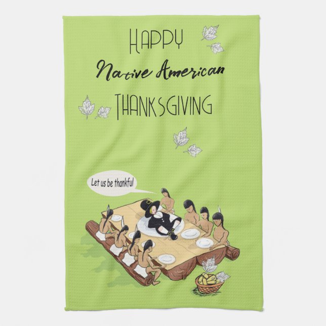 Dark Humour Native American Thanksgiving Cartoon  Kitchen Towel (Vertical)
