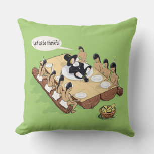 Dark Humour Native American Thanksgiving Cartoon Throw Pillow
