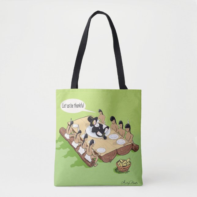 Dark Humour Native American Thanksgiving Cartoon Tote Bag (Front)