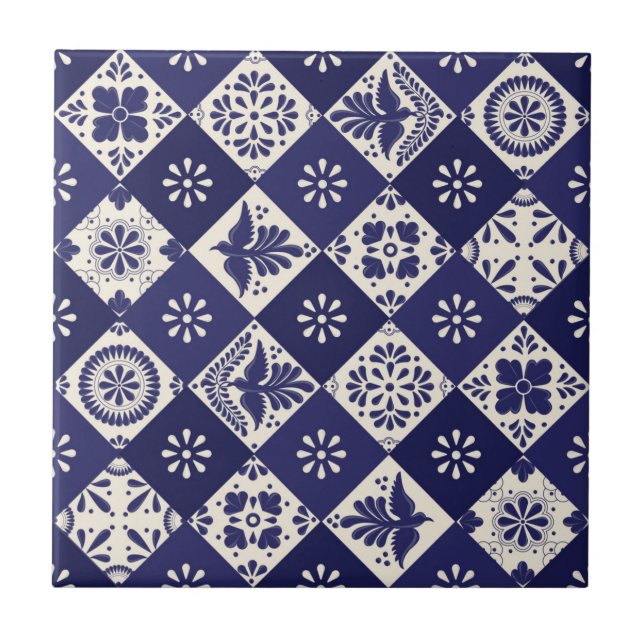 Dark Indigo Beige Mexican Floral Birds Talavera  Tile (Front)