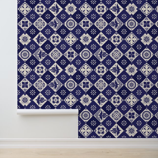 Dark Indigo Beige Mexican Talavera Tiles Wallpaper (Application)